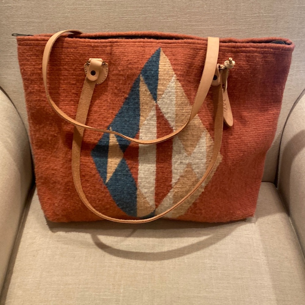 Handwoven Wool & Leather Tote — Geometric Southwest Style